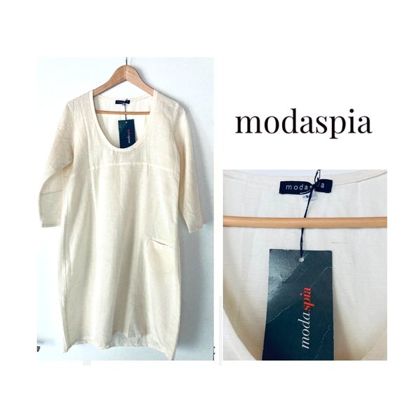 Modaspia Cream Cotton/Linen Dress with Pocket Sz M - Picture 1 of 6